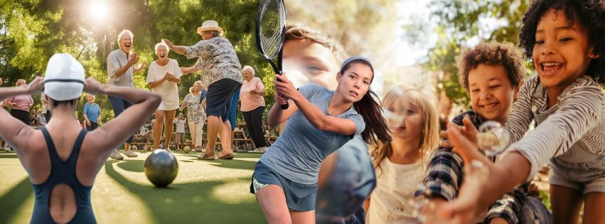 The image features diverse groups engaging in activities: a swimmer, a tennis player, and joyful scenes of people celebrating and playing.