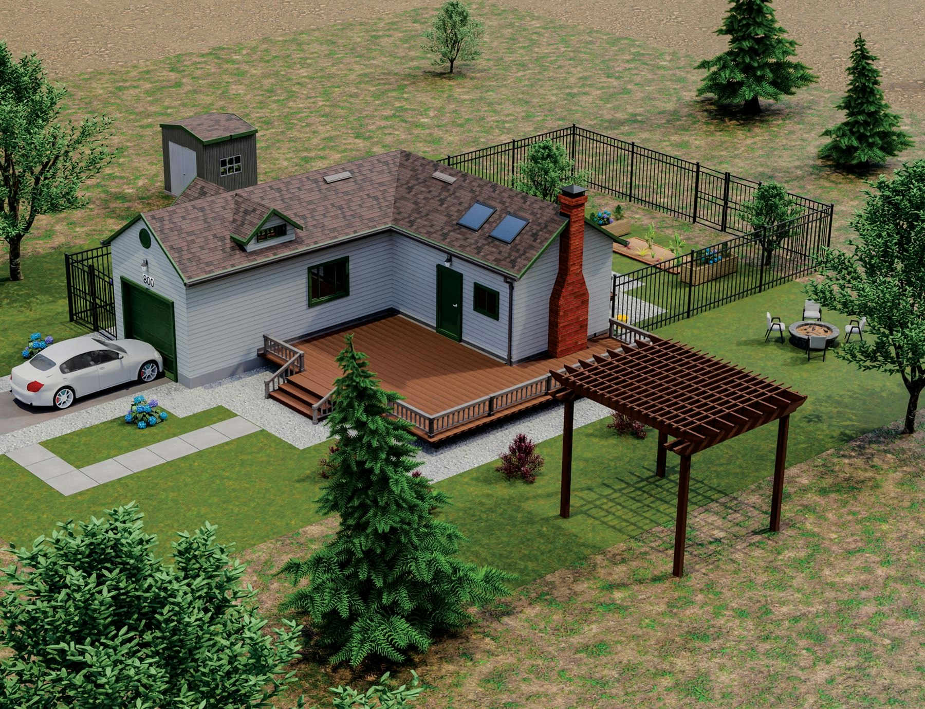 House with a deck, garden, and pergola. Car in driveway, fenced backyard, chairs around a fire pit, trees, and a small shed.