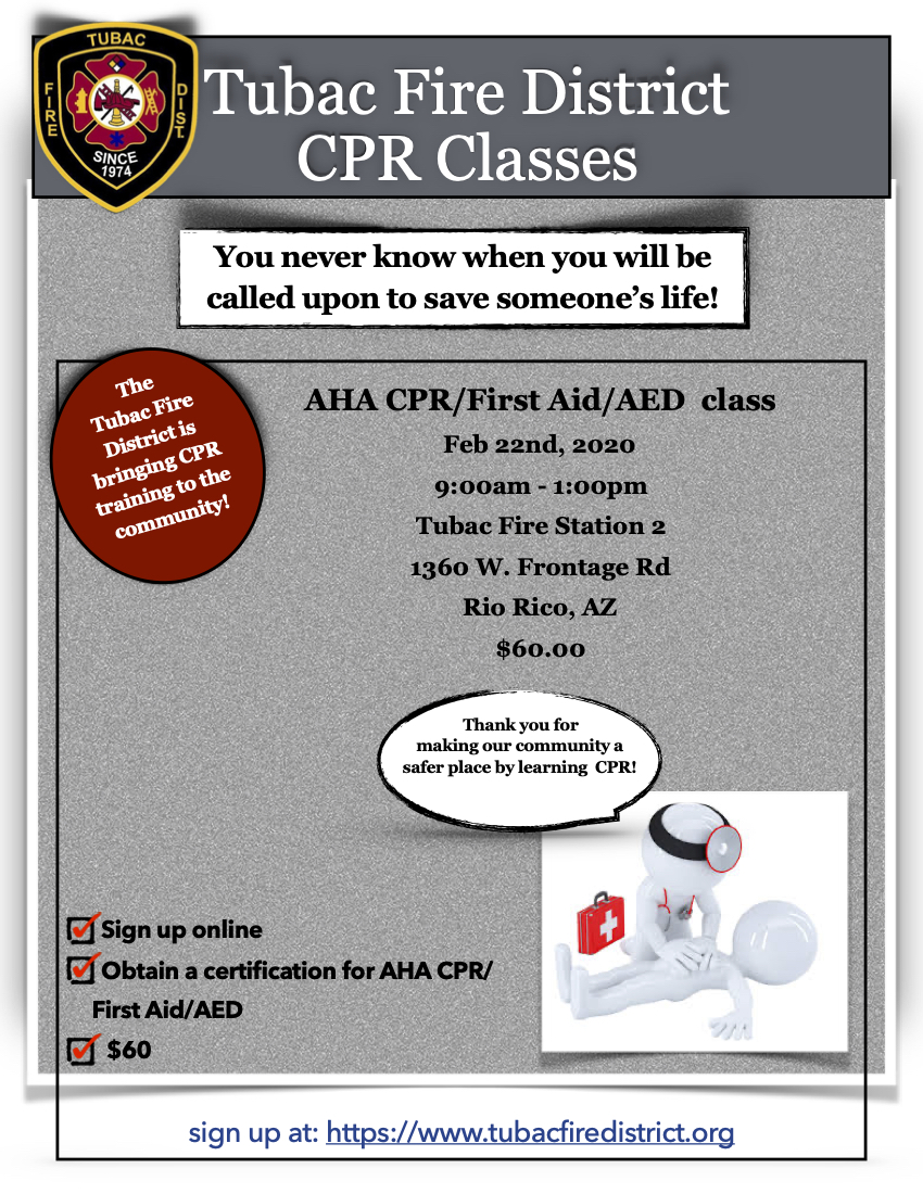 A poster for Tubac Fire District CPR Classes with details about the course, date, location, cost, and where to sign up.