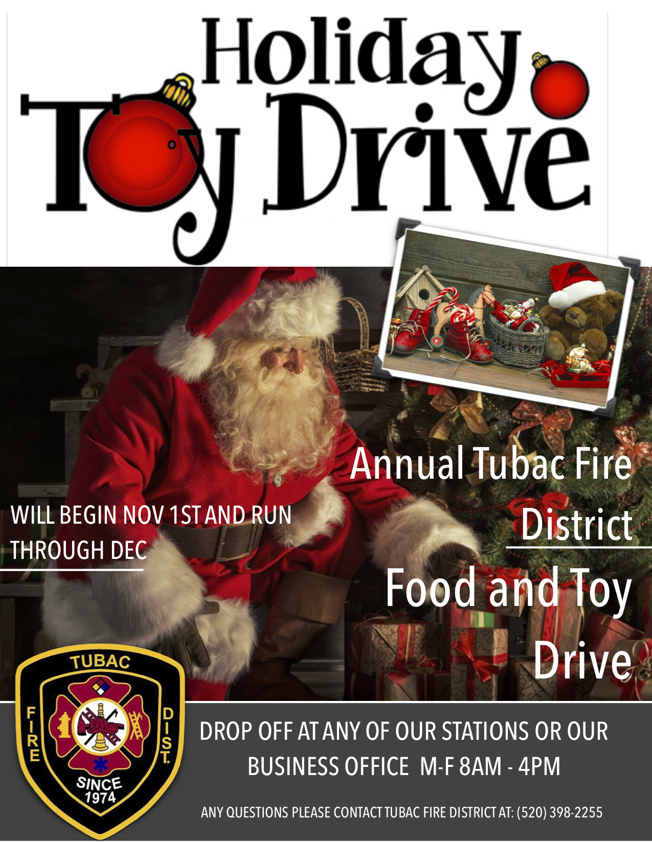 A poster for an annual holiday toy and food drive featuring Santa Claus and seasonal decorations, with event details.