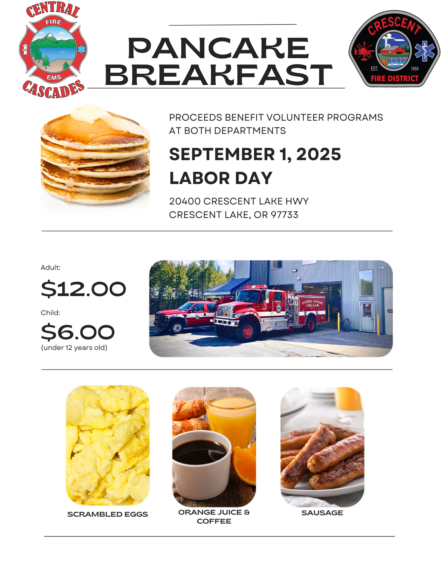 Pancake breakfast event on September 1, 2025, benefiting fire volunteer programs. Includes eggs, OJ, coffee, and sausage. Adults $12, kids $6.