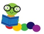 A cartoon caterpillar with glasses reads a blue book, with colorful segments.