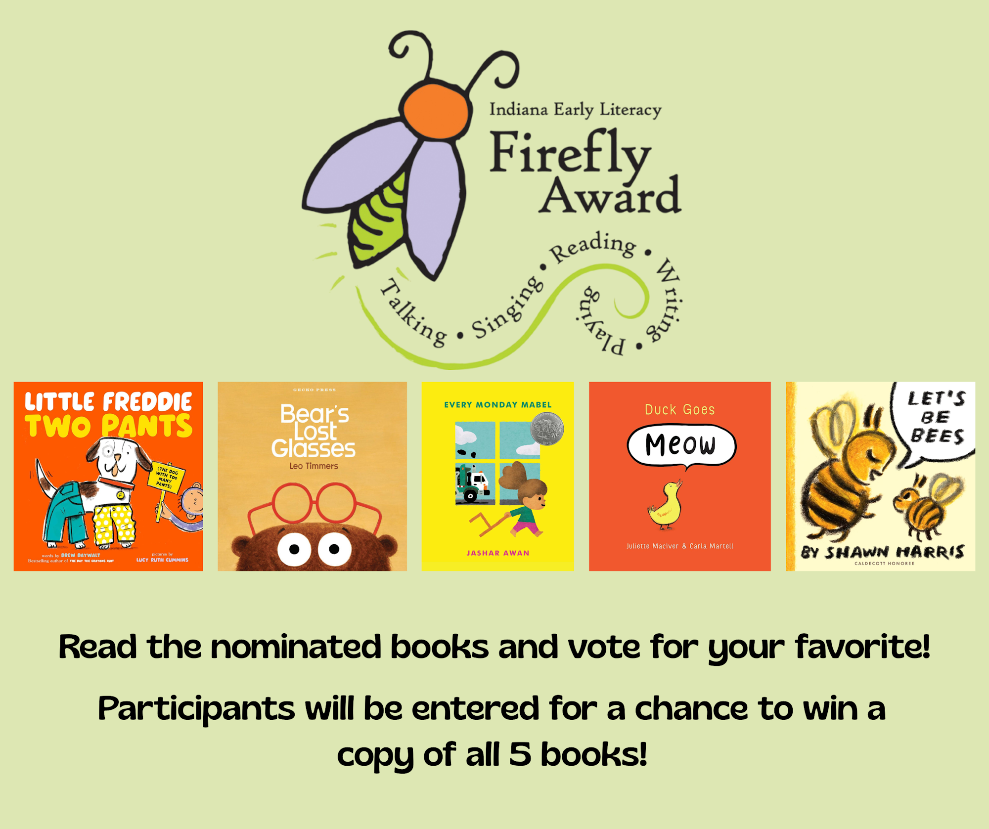 The image promotes the Indiana Firefly Award, encouraging reading and voting on five nominated children's books to win a copy.