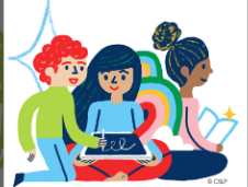 Three illustrated people: one with a tablet, another reading a book, and a third smiling. Colorful and playful design.