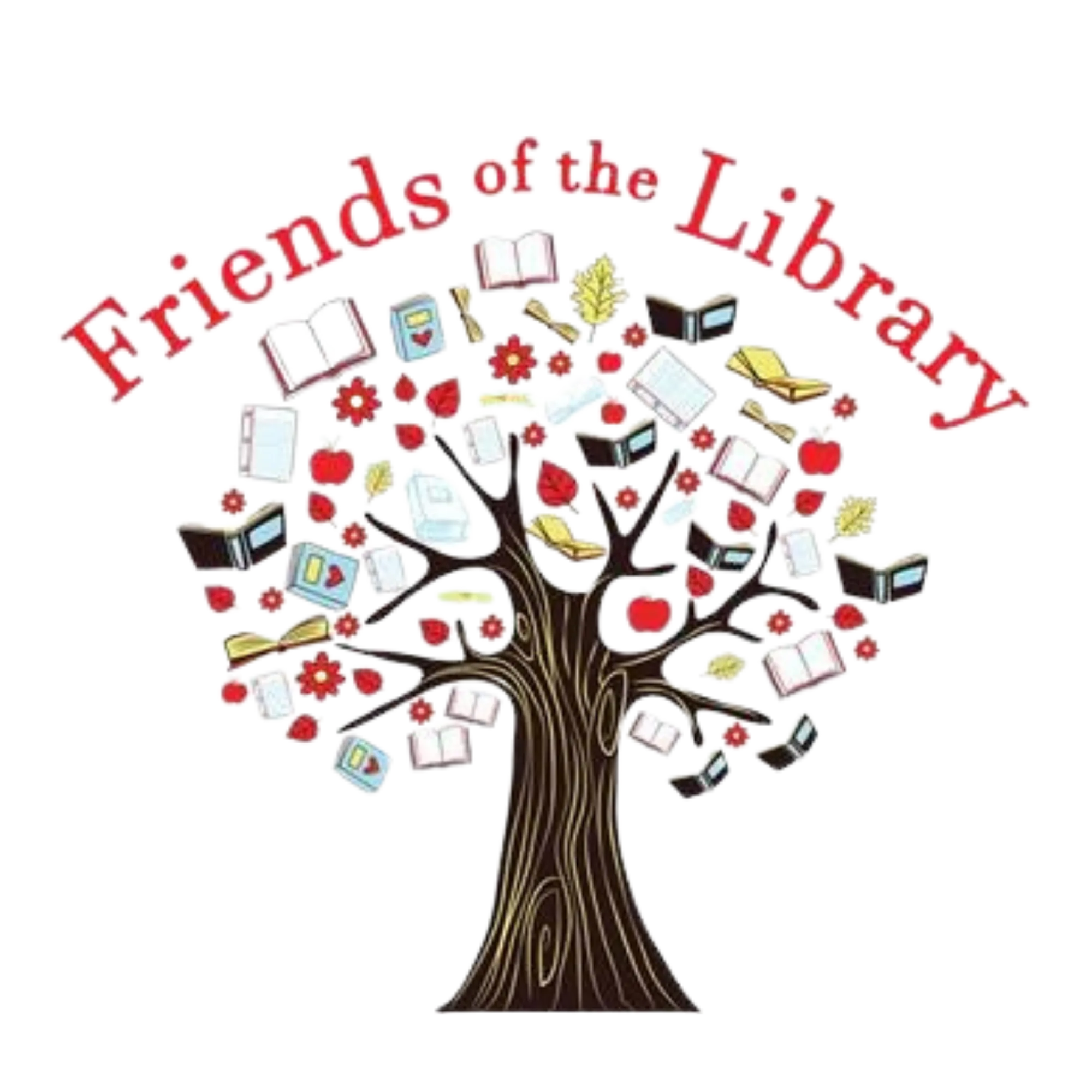 The image features a stylized tree with books and apples, labeled "Friends of the Library." It symbolizes support for libraries.