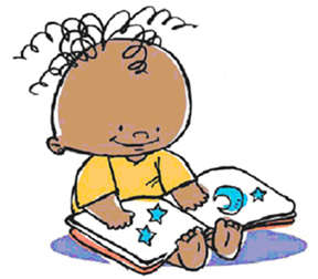 A happy child with curly hair reads a book featuring stars and a crescent moon.