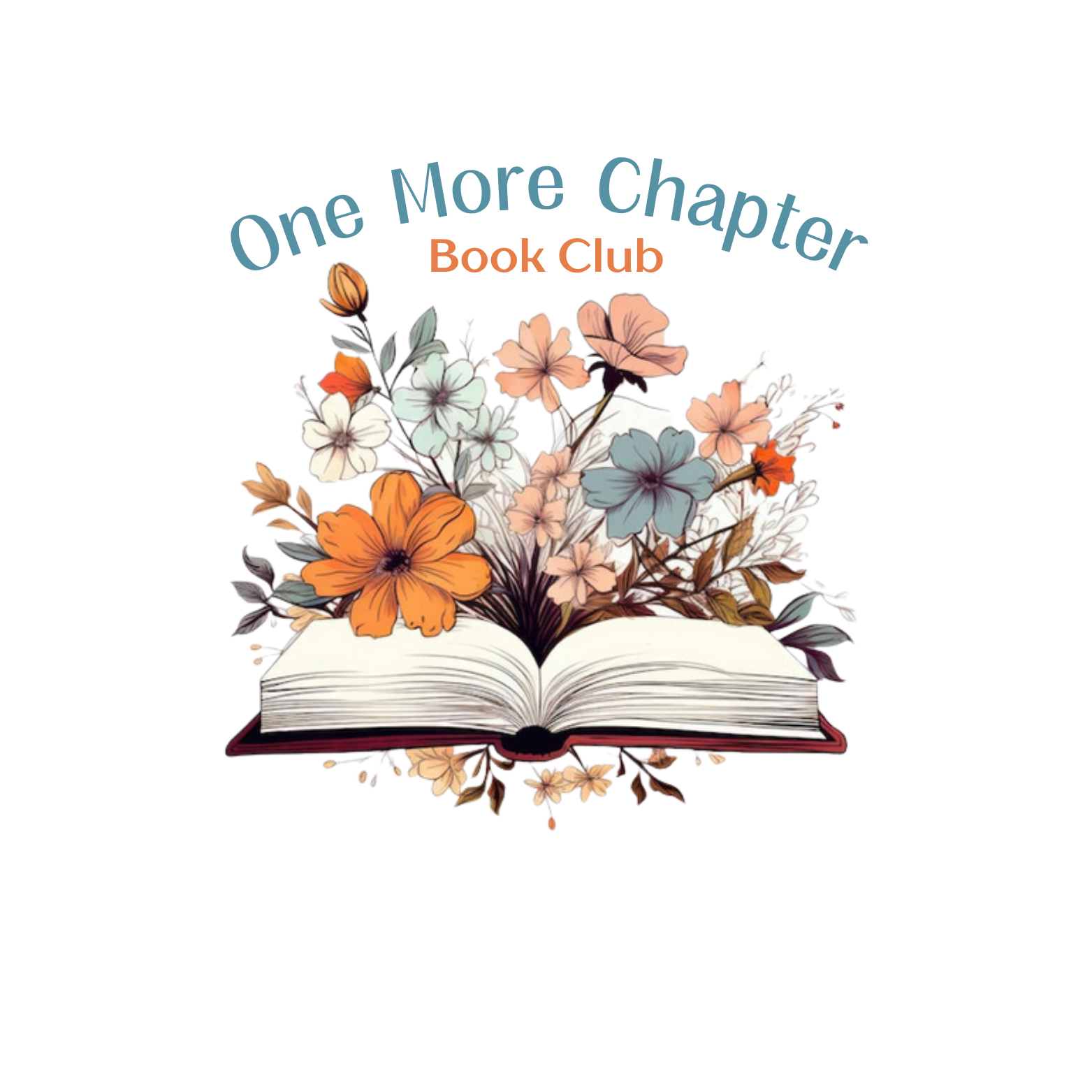 Open book with flowers and text "One More Chapter Book Club."