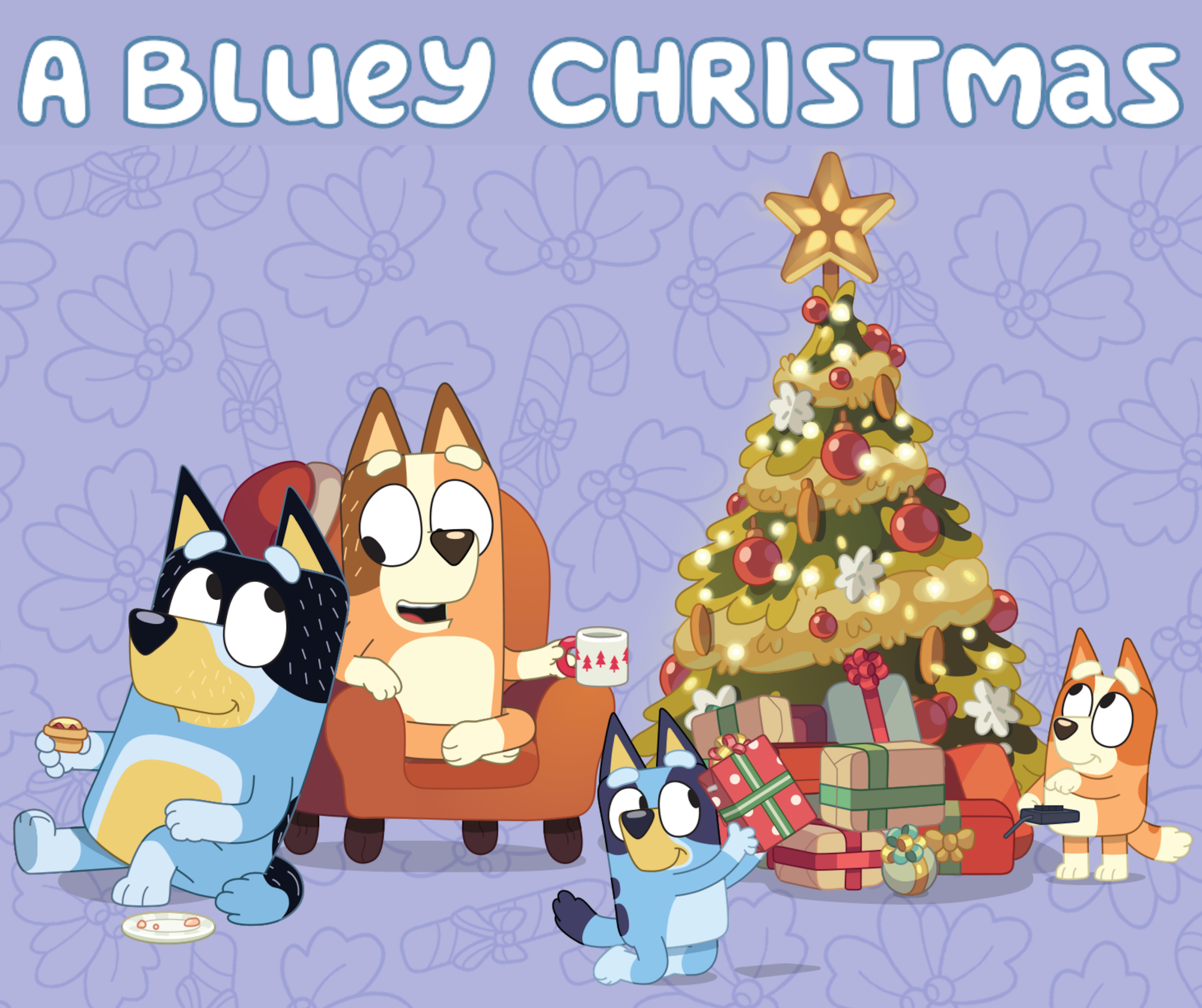 Cartoon dogs celebrating Christmas with a tree and presents, titled "A Bluey Christmas."