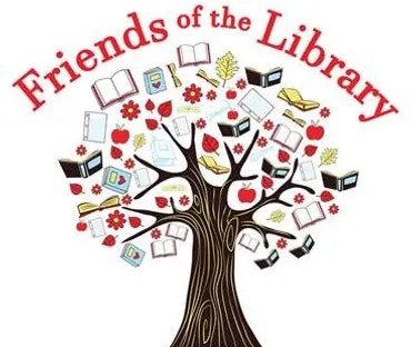 A stylized tree with books and leaves, text "Friends of the Library."