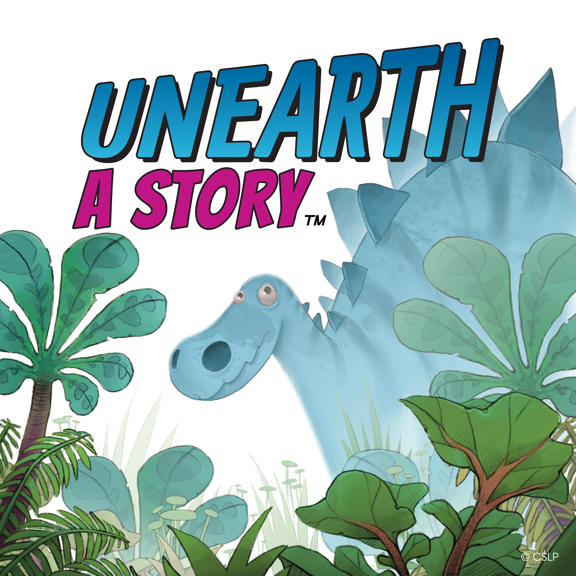 The image features a cartoon dinosaur peeking through lush greenery with the title "Unearth A Story" prominently displayed.