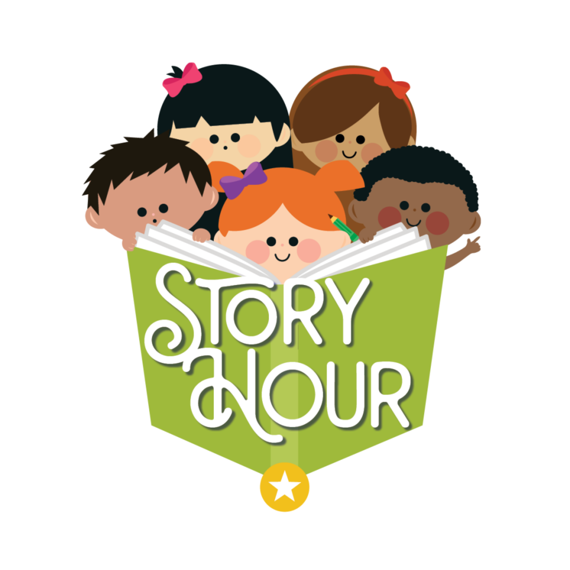 A colorful illustration features four children excitedly gathered around a big book, promoting "Story Hour."