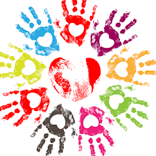 Colorful handprints forming a circle around a central red and white heart design.