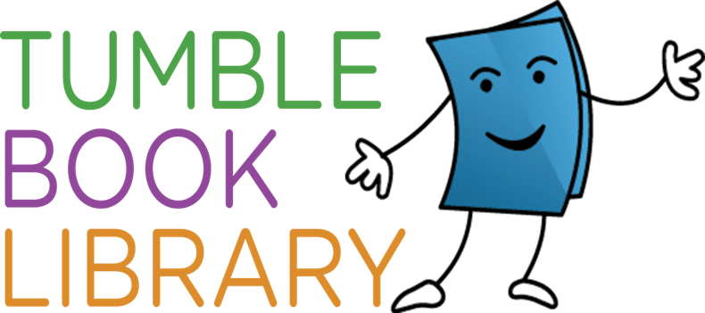 Smiling book character next to the text "Tumble Book Library" in colorful letters.
