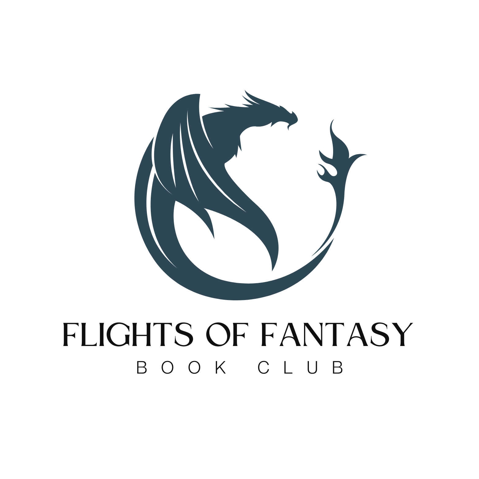 A stylized dragon logo with text "FLIGHTS OF FANTASY BOOK CLUB."