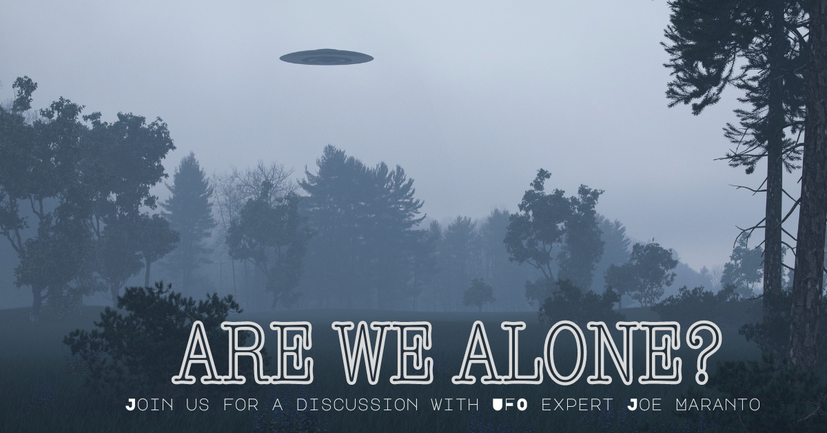 Foggy forest with a UFO, with text "ARE WE ALONE?" and an invitation to join a discussion with a UFO expert.