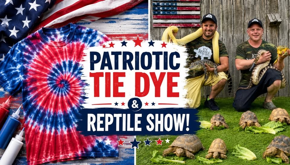 The image promotes a "Patriotic Tie Dye & Reptile Show" featuring tie-dye shirts and reptiles, with tortoises in the foreground.