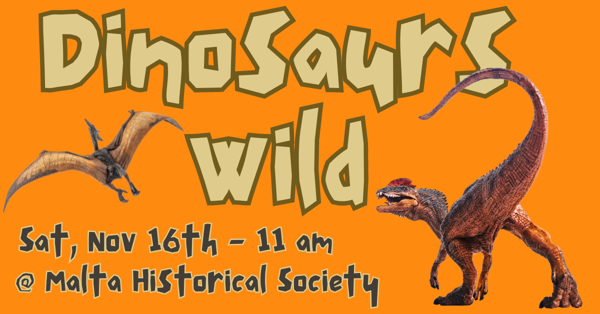 A poster for a "Dinosaurs Wild" event with illustrations of dinosaurs, Date: Sat, Nov 16th – 11 am at Malta Historical Society.