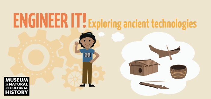 A child thinking of building a house, a boat, a basket and a tool. The text reads - Engineer it! Exploring ancient technologies from the Museum of Natural and Cultural History.