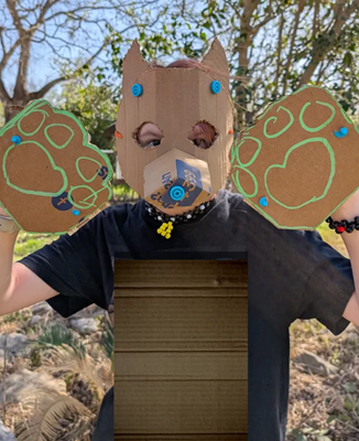 Person wearing a cardboard animal mask and paws, with a box front, standing outdoors.
