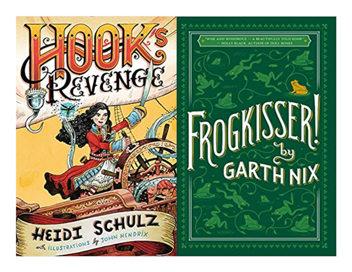Two books. The first is "Hook's Revenge" by Heidi Schultz with a black haired pirate at wheel of the ship. The second is "Frogkisser" by Garth Nix with a green cover with green frogs and one golden frog.