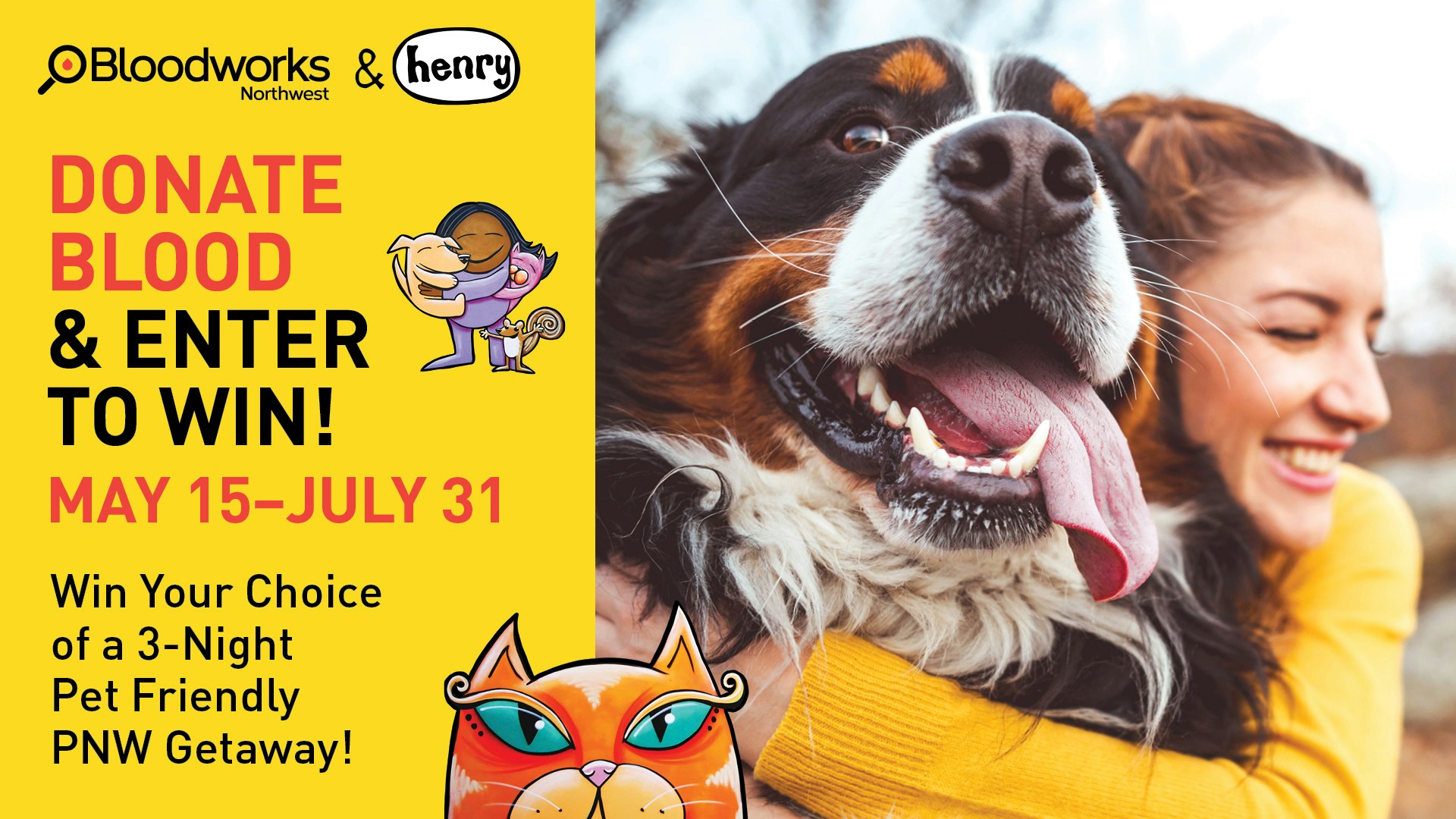 Blood donation event poster with a dog, woman, and cartoon illustrations.