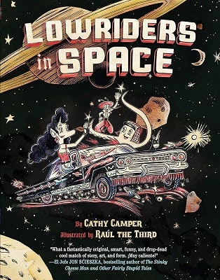 Illustrated book cover, "Lowriders in Space," with anthropomorphic characters in a car among stars and planets.