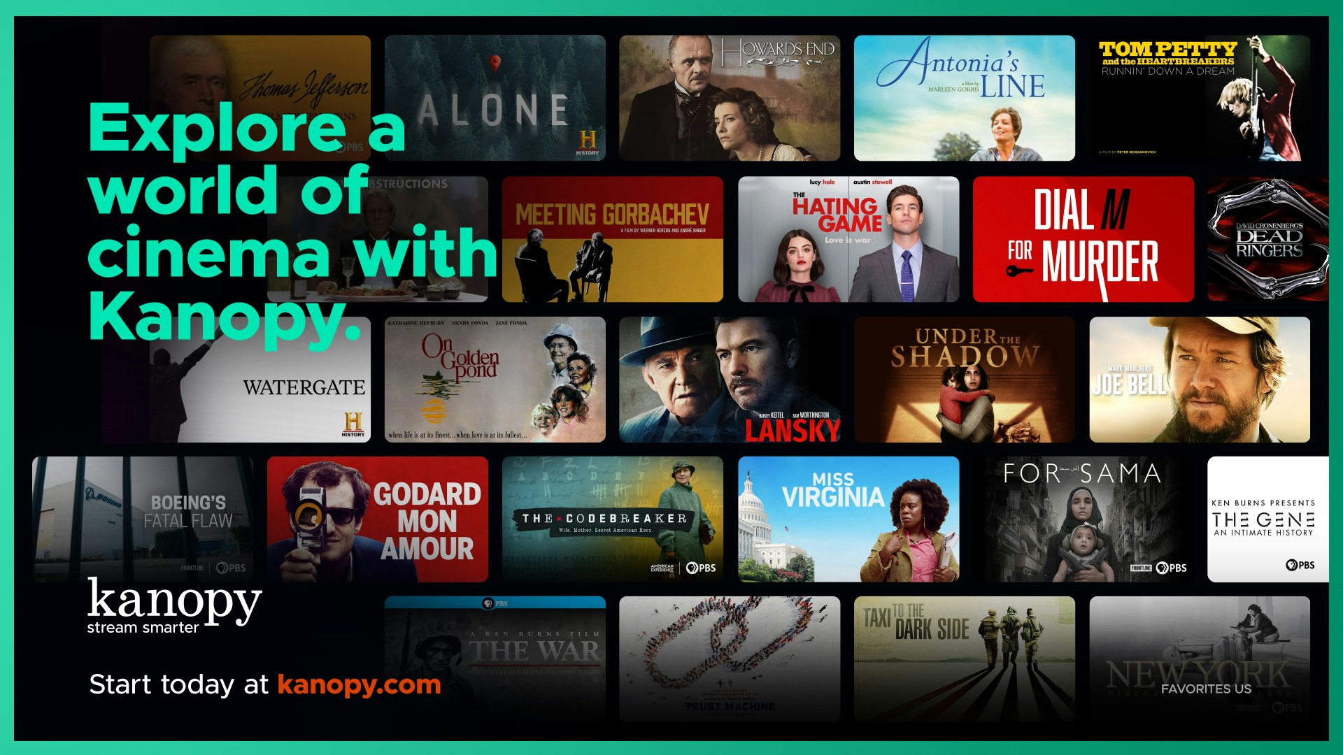 Collage of movie and documentary titles with "Explore a world of cinema with Kanopy" text. Includes "Meeting Gorbachev," "Lansky," and more.