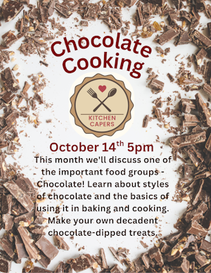 Chocolate cooking class announcement for October 14th, 5pm, about baking and cooking with chocolate.