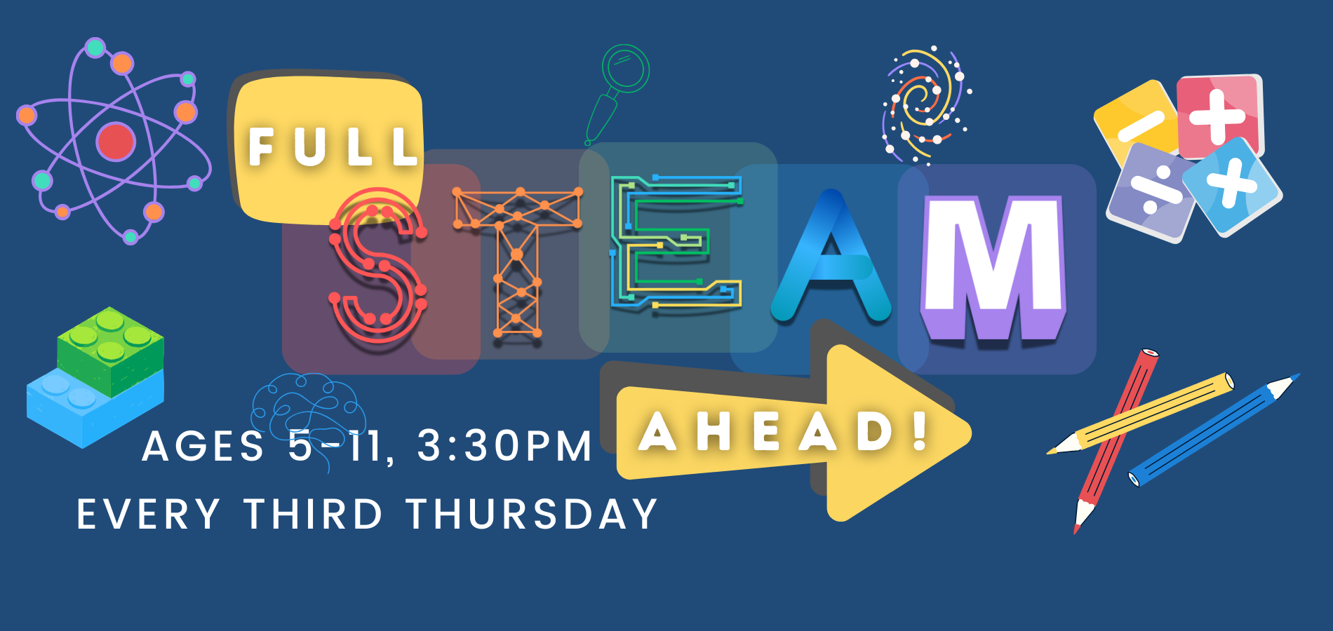 Full STEAM Ahead! Ages 5-11, 3:30 PM, every third Thursday with science, tech, engineering, art, math graphics.