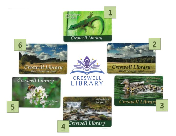 Library cards featuring nature images: gecko, field, ducklings, waterfall, bee on flower, landscape, Creswell Library logo in center.