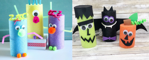 Crafts resembling monsters made from colorful cylinders, googly eyes, pipe cleaners, pom-poms, and paper for a playful, creative look.