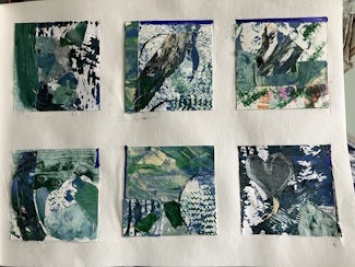 Six abstract art squares with various colors and patterns on a white background.