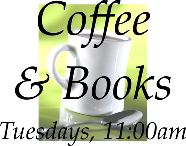 The image promotes a "Coffee & Books" event every Tuesday at 11:00 AM.