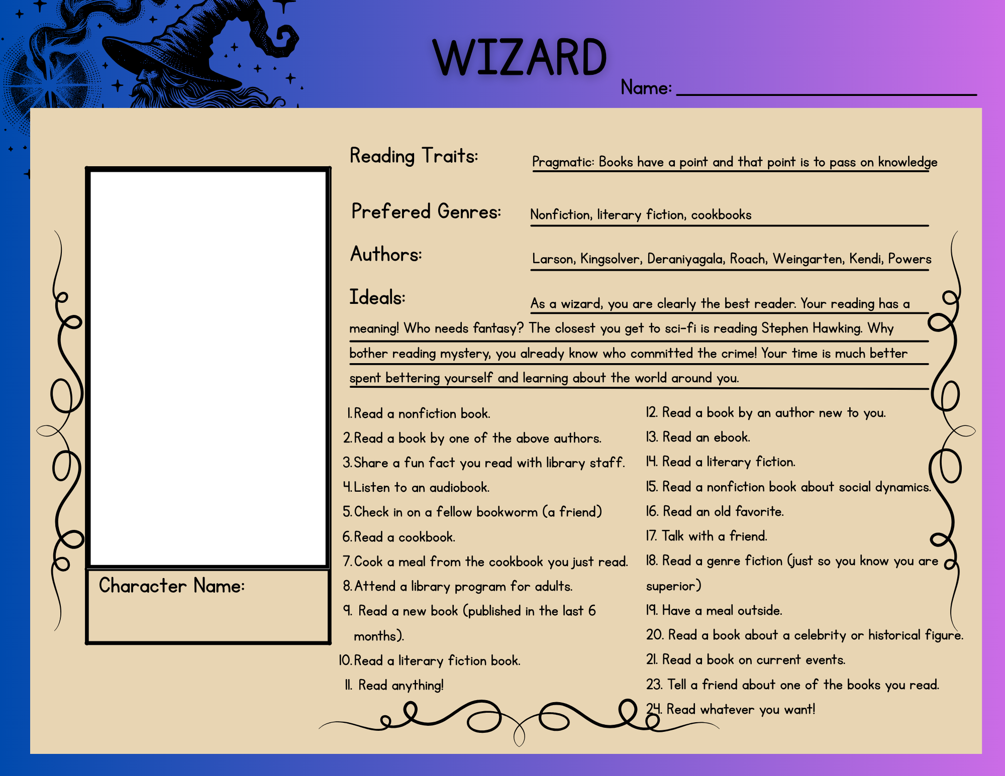 “Wizard” reading activity chart with traits, genres, authors, ideals, and a list of 24 reading tasks.