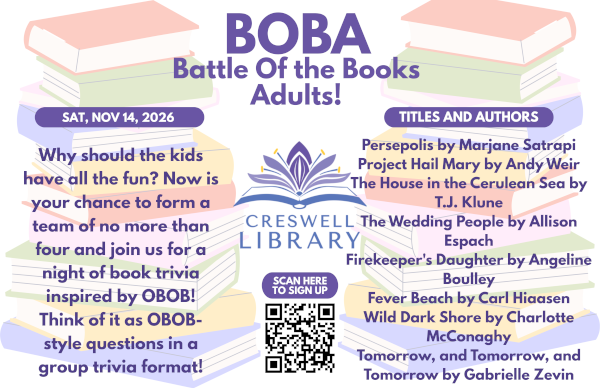 Event for adults at Creswell Library on Nov 14, 2026, for a trivia night about book titles and authors. Sign up via QR code.