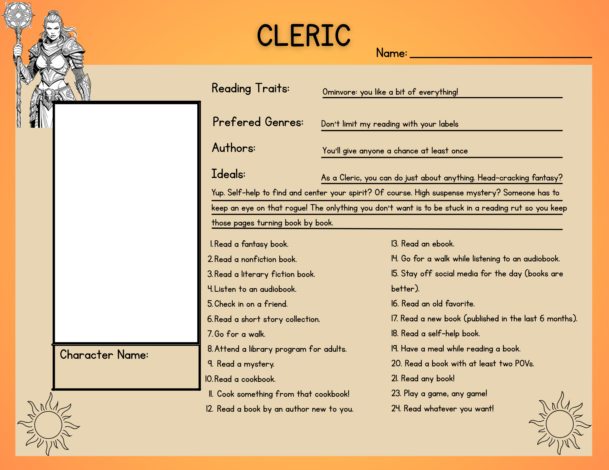 A reading challenge card themed around a "Cleric" with tasks like reading various book genres and activities like going for a walk.