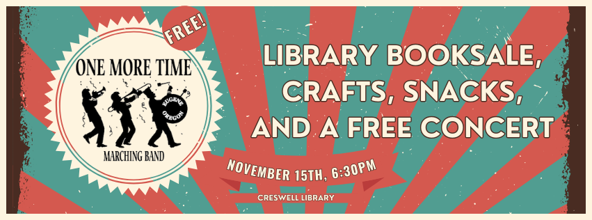 A colorful event flyer for a library booksale, crafts, snacks, and free concert on November 15th at 6:30 PM.