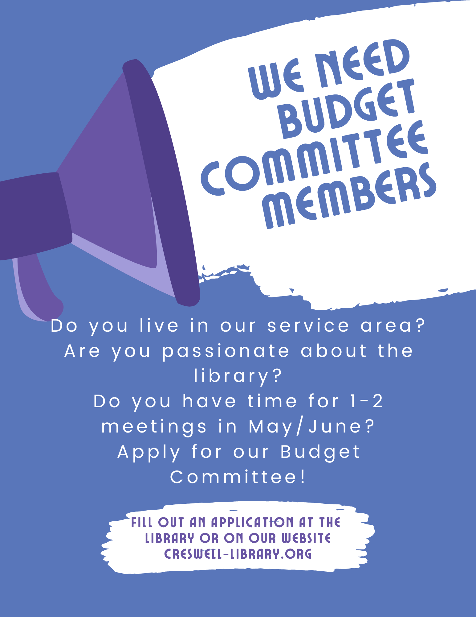 A poster seeking budget committee members for a library, asking for applications via their website.