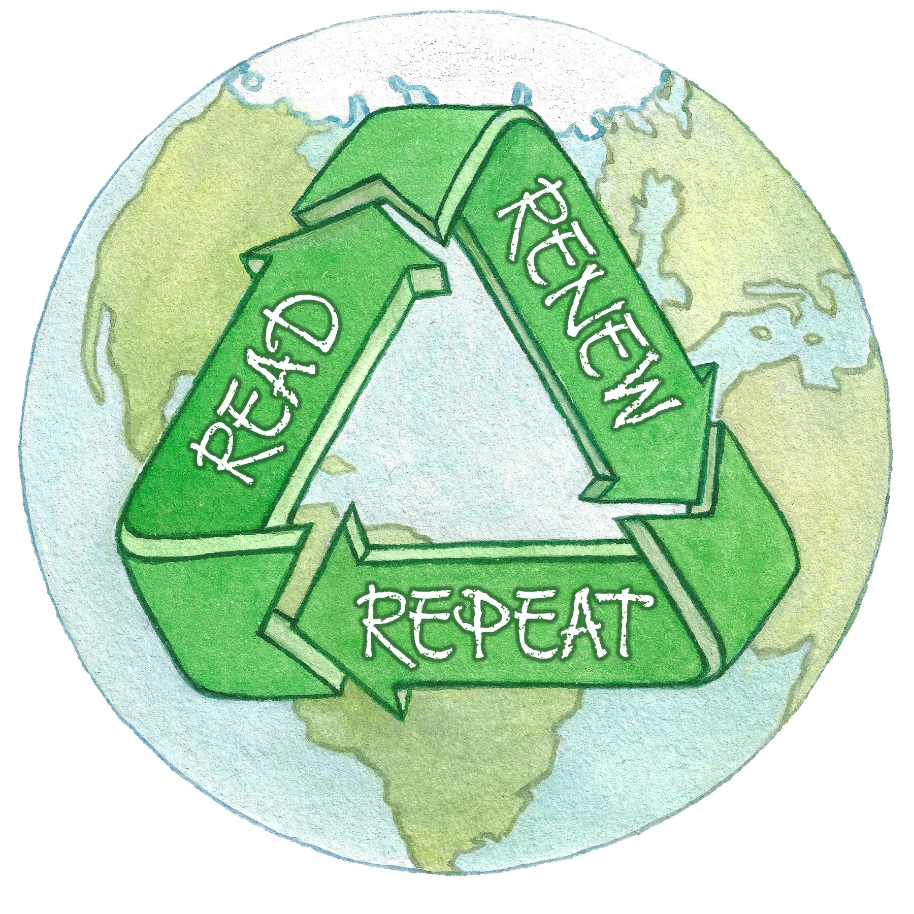 A recycling symbol with "Read, Renew, Repeat" overlays a stylized Earth.