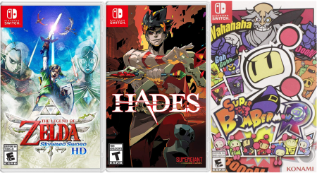 Three Switch games. The first is The Legend of Zelda: Skyward Sword. The second is Hades. The third is Super Bomberman.