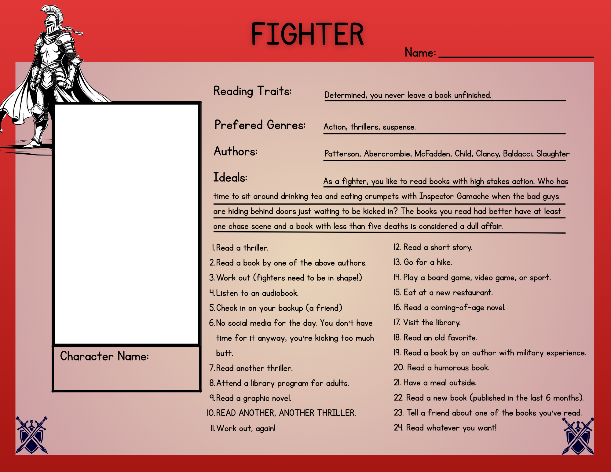 Character sheet for a "Fighter" reader, listing book traits, genres, authors, ideals, and activities.