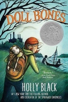 Children with a doll on a journey by water; cover of "Doll Bones" by Holly Black.