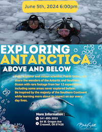 An event poster for "Exploring Antarctica Above and Below" with date, time, location, and an image of two divers under ice.