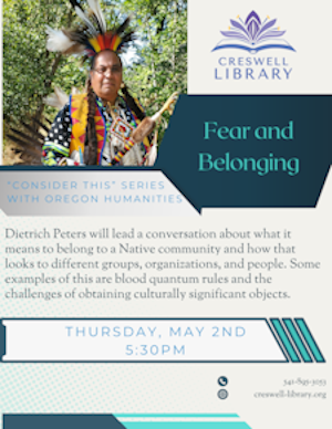 A poster for a library event on "Fear and Belonging" featuring a person in indigenous attire, details about the talk, date, and time.