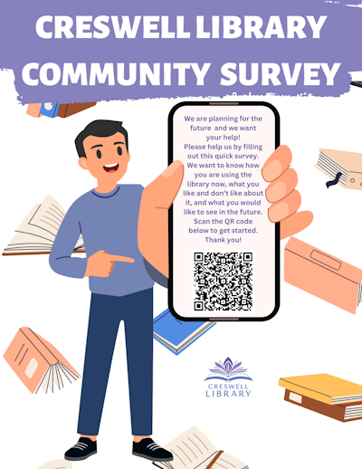 A poster with a man holding a phone displaying a QR code, promoting a community survey for Creswell Library.