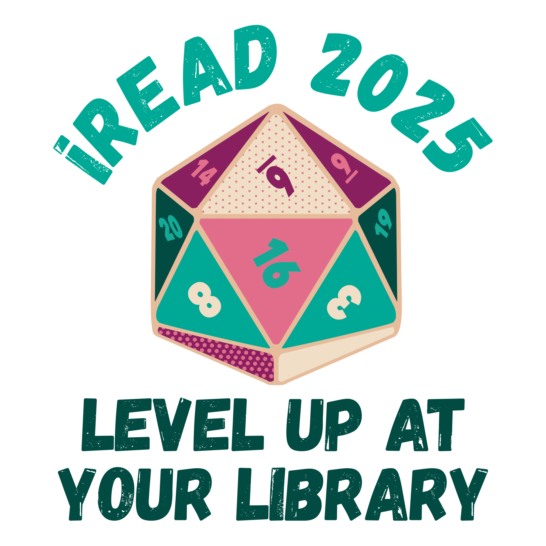 A 20-sided die with "iREAD 2025" above and "Level Up at Your Library" below.