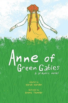Illustration of a girl in a field with book title "Anne of Green Gables" displayed.