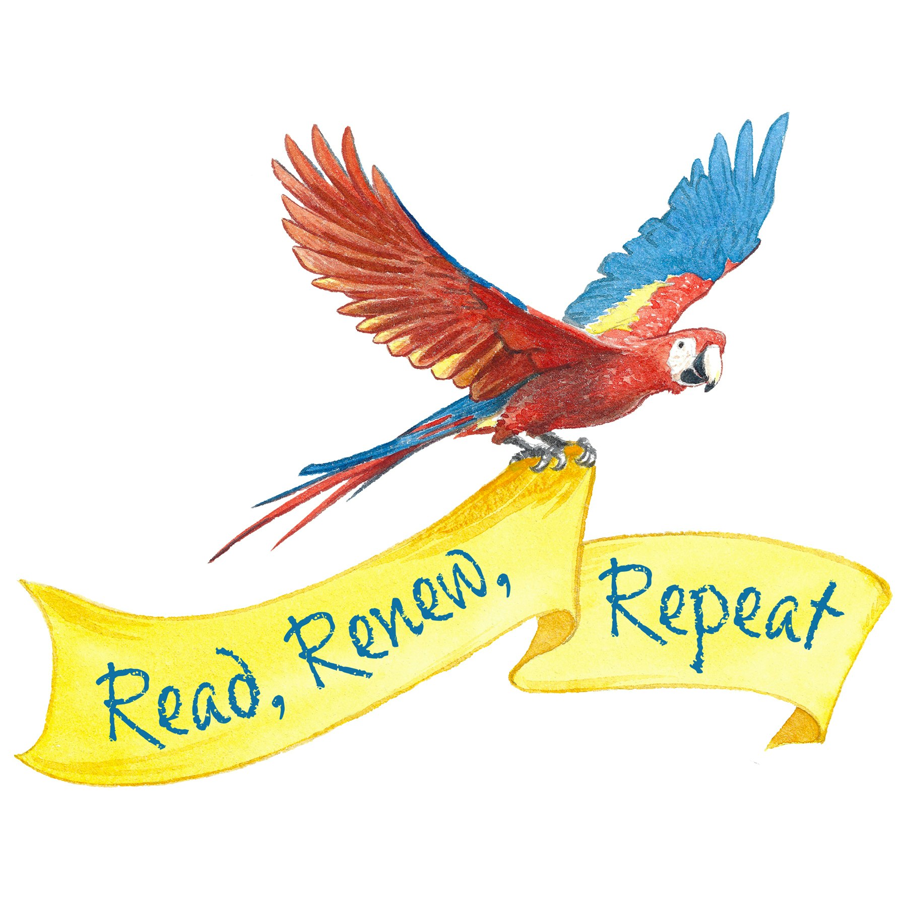 A colorful parrot flying above a yellow banner that reads "Read, Renew, Repeat."