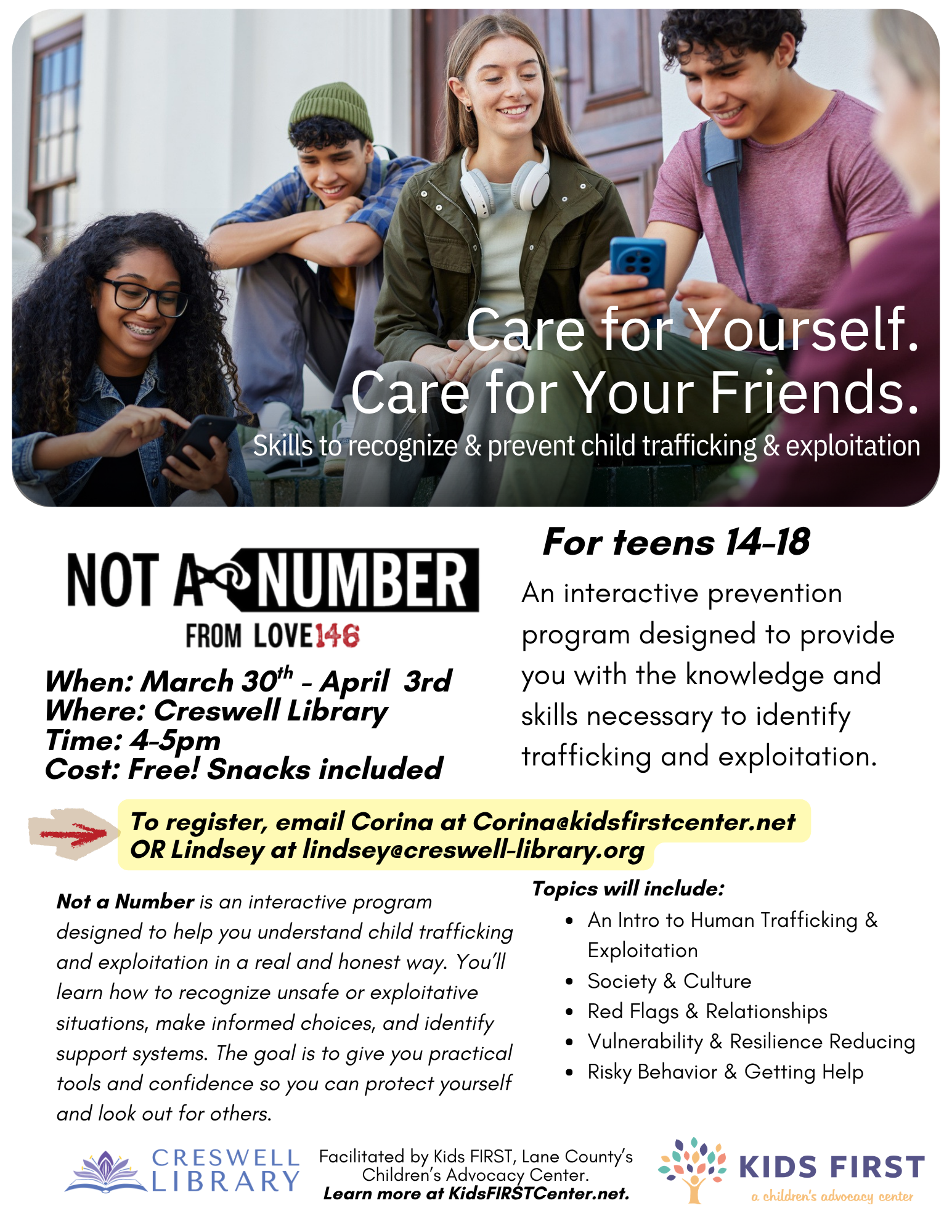 Free program for teens (14-18) at Creswell Library on March 30-April 3. Learn about recognizing and preventing child trafficking.