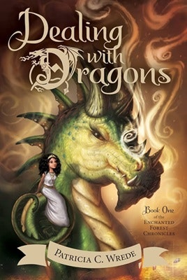 Book cover of "Dealing with Dragons" by Patricia C. Wrede, featuring a dragon and a princess.